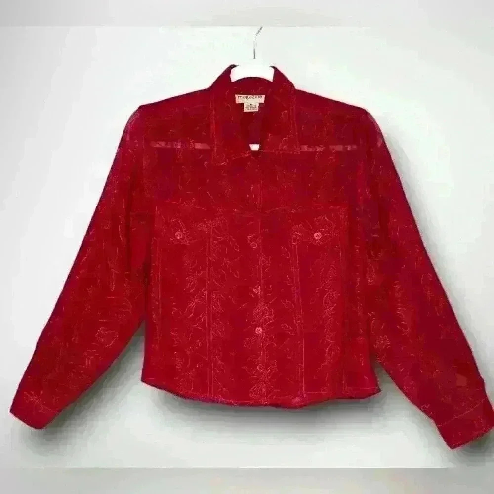 Women’s Sheer Red Button Down Blouse Decorative Embroidery Two Pocket Size M - Picture 2 of 8